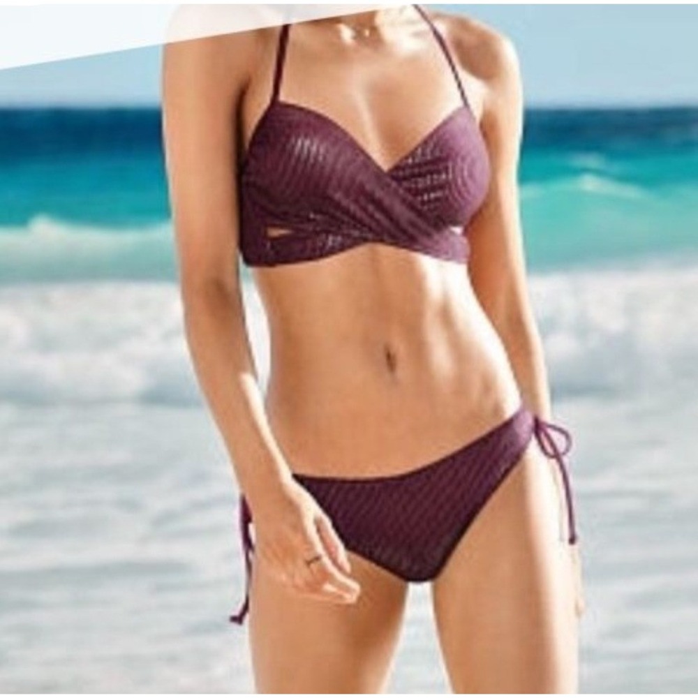 PINK Victoria's Secret Bikini Set Large Purple Metallic Wrap Halter Excellent